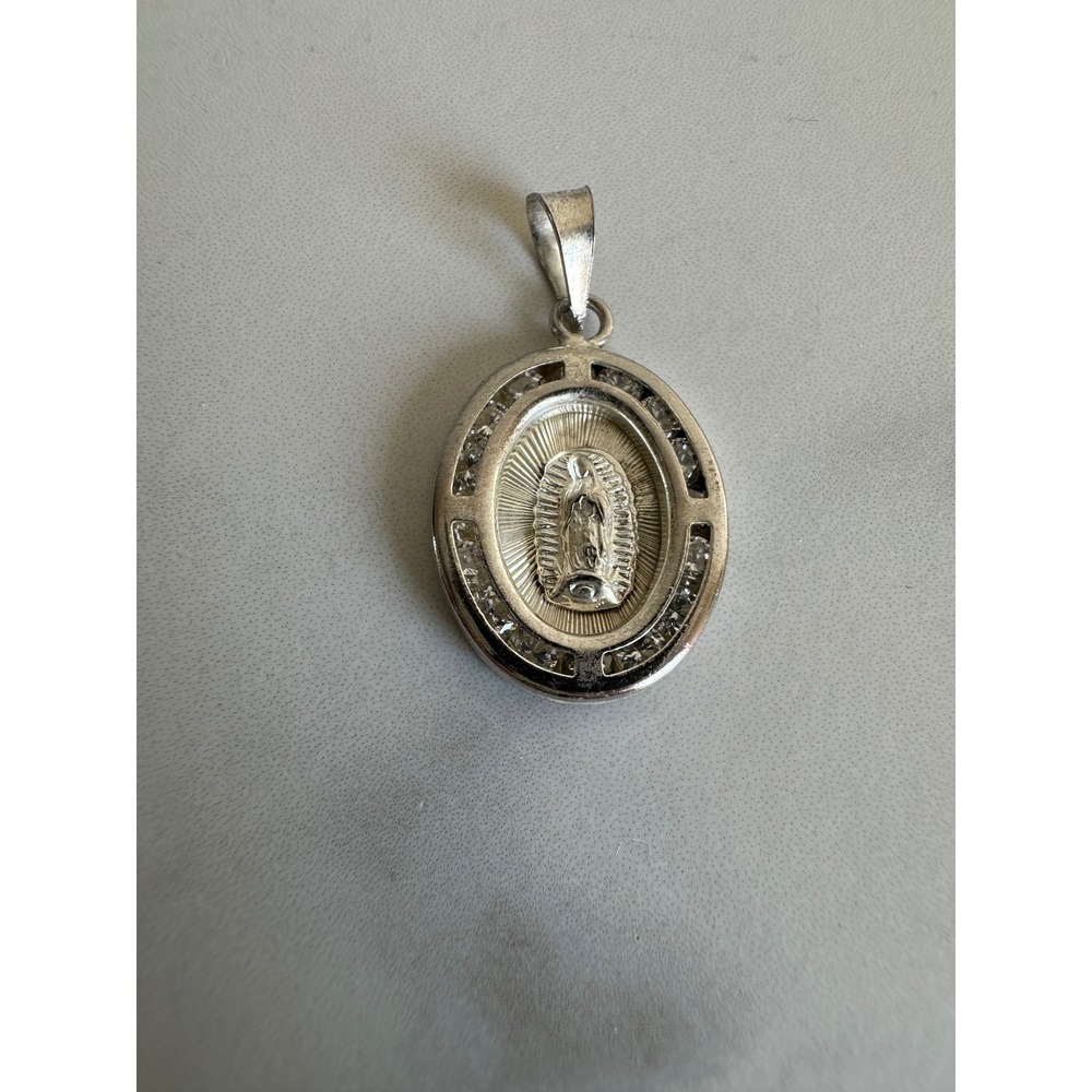 Mexico Sterling Silver 925 Virgin Mary Guadalupe CZ‎ Oval Pendant Charm
